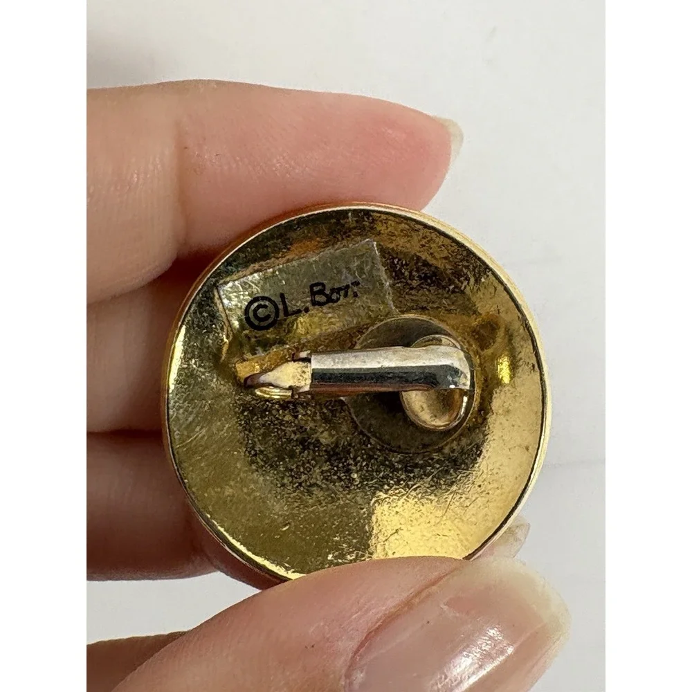Vintage 80s Brooch By L. Bott Red Black Enamel Gold Tone Pin Signed